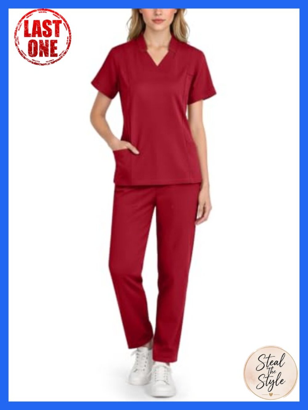 Women's Scrubs Set Notched V-Neck Top Straight-Leg Pants 9-Pocket Stretch